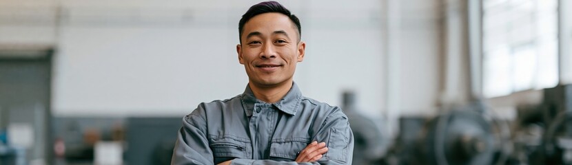 Obraz premium Confident male factory technician in gray coveralls smiling with arms crossed for industrial website banner and corporate profile