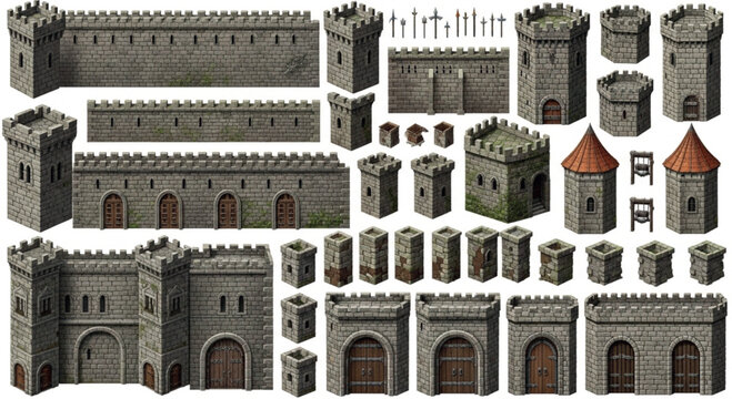 Medieval castle wall kit, isometric stone fortress construction set with towers and gates, 3D modular fantasy kingdom architecture vector