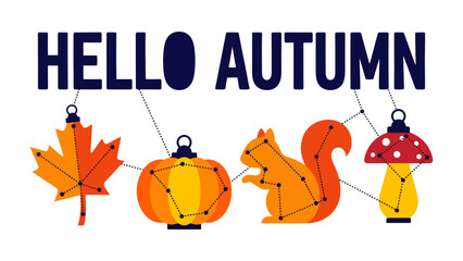 Hello Autumn Illustration: A vibrant digital illustration celebrating the essence of autumn with iconic symbols like a maple leaf, pumpkin, squirrel, and mushroom, adorned with constellation patterns. © Hasib