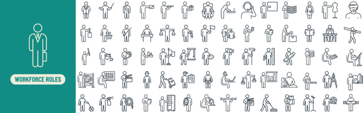 Workforce and Office People outline icon set. Featuring worker, employee, desk, manager, and team symbols. Editable stroke vector icons for human resources portal and corporate staffing app.