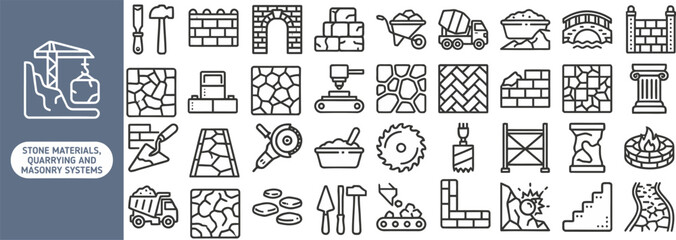 Gravel and Aggregate Material outline icon set. Featuring gravel, sand pile, crusher, dump truck, and sieve symbols. Editable stroke vector icons for aggregate supplier site and quarry material shop. © Pixel_Forge