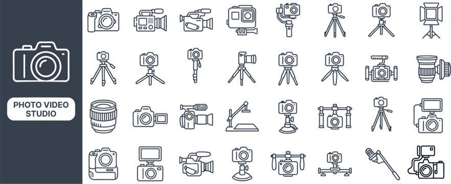Photo Video Studio Equipment outline icon set. Featuring camera, tripod, lens, light, and microphone symbols. Editable stroke vector icons for photography studio website and video production app.