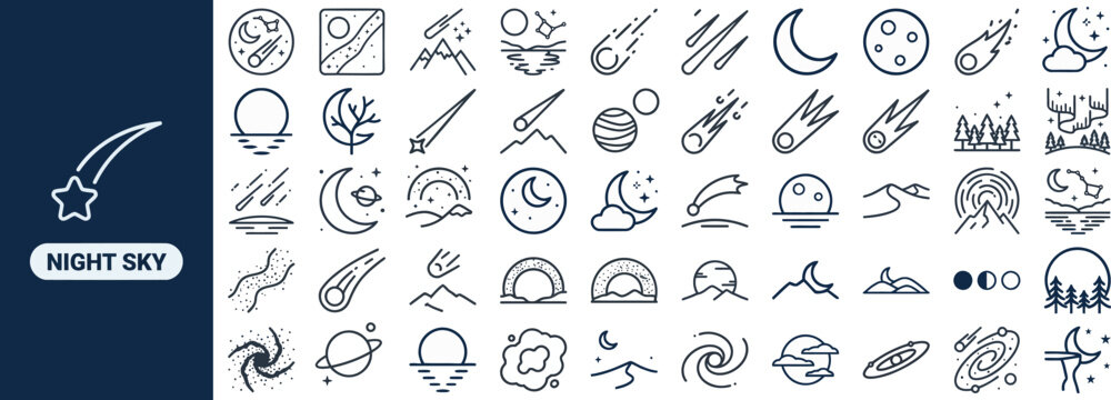 Space and Planet Exploration outline icon set. Featuring planet, rocket, galaxy, telescope, and satellite symbols. Editable stroke vector icons for space science website and planetarium learning app.