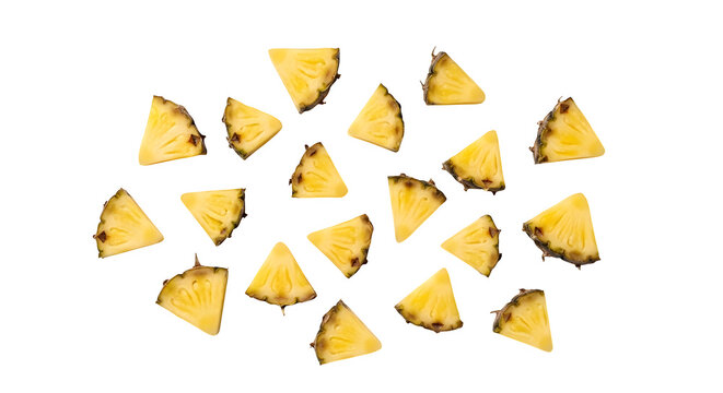 Floating pineapple chunks tropical fruit pieces isolated on png background