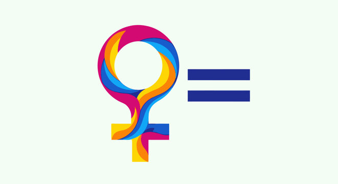 Colorful female gender symbol with equals sign for equality concept.