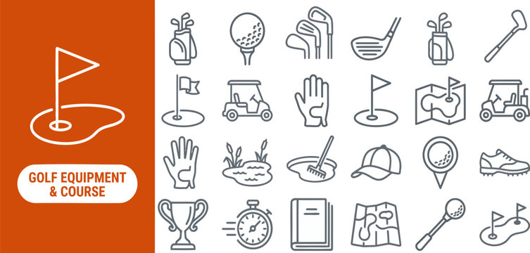 Golf Equipment and Course outline icon set. Featuring golf club, ball, flag, cart, and tee symbols. Editable stroke vector icons for golf club website and sports equipment shop.