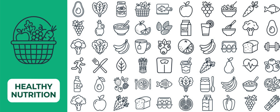 Healthy Nutrition and Diet outline icon set. Featuring fruit, vegetable, salad, water bottle, and avocado symbols. Editable stroke vector icons for diet planner app and wellness nutrition website.