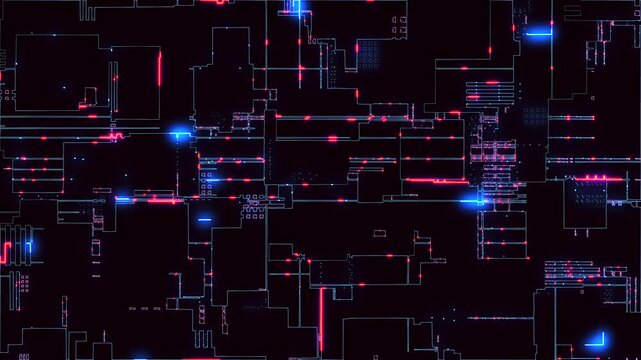 A digital circuit with neon lines, pulses, and glowing nodes against a dark background. The technological network evokes the structure of an electronic circuit board, the flow of data, and the cybersp