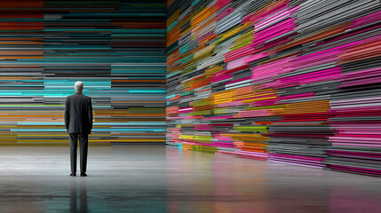 Obraz premium Man in suit contemplating a vibrant, abstract digital art installation