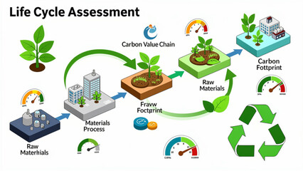 Fototapeta premium Illustration of life cycle assessment process with green leaves factories recycling symbols sustainability concept