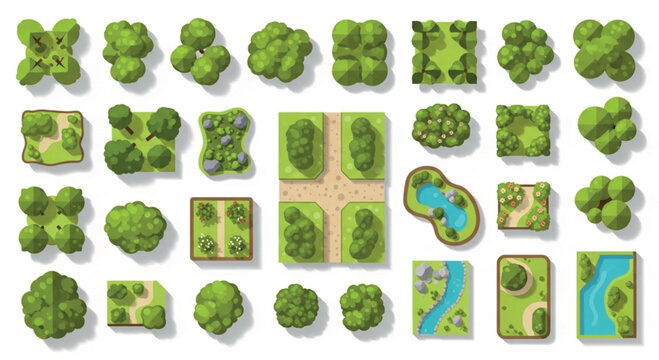 Top view landscape elements set, green trees and garden bushes vector collection, aerial map icons for park design and architectural planning