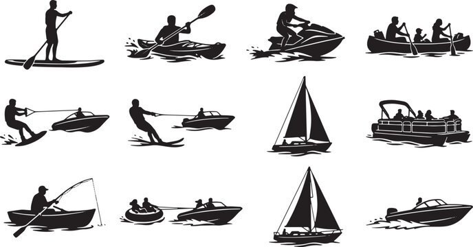 Collection of water sport silhouettes: paddleboarding, kayaking, jet skiing, boating, sailing, fishing, waterskiing, tubing isolated on white background, Vector