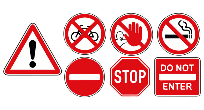 Traffic warning signs, prohibition symbols, and stop signs