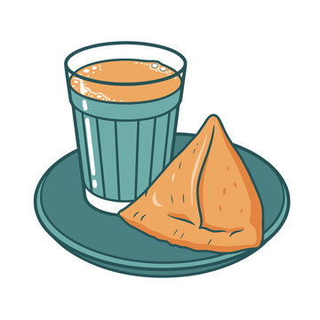 Flat illustration of Bangladeshi milk tea and samosa snack on white background for cafe menu design