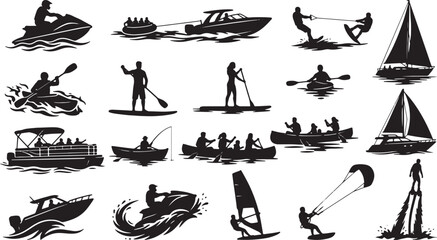Collection of black silhouettes of water sports and boats on water isolated on white background, Vector