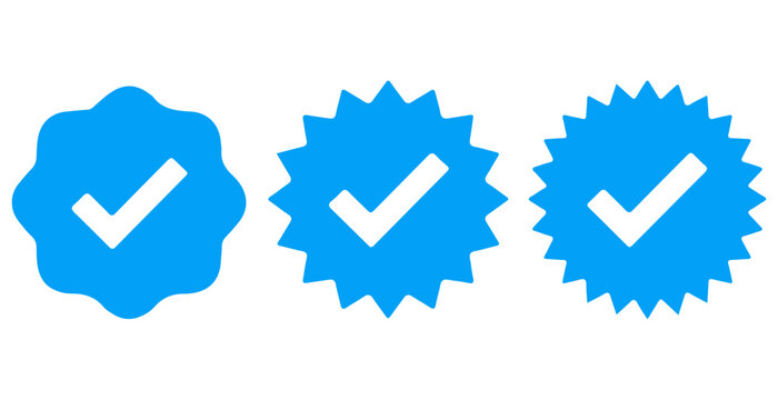 Blue checkmark badges, three starburst shapes with white checkmarks