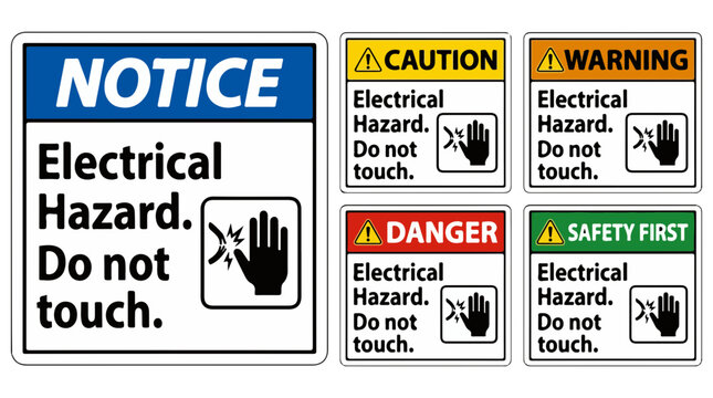 Electrical hazard warning signs, set of five signs with hand symbol and text
