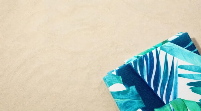Tropical beach towel on sand flat lay