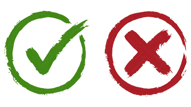 Green checkmark and red x symbols, brush stroke correct and incorrect signs