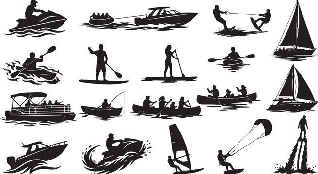 Collection of black silhouettes of water sports and boats on water isolated on white background, Vector