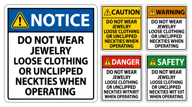 Safety warning signs, set of five, with notice, caution, warning, danger, and safety labels