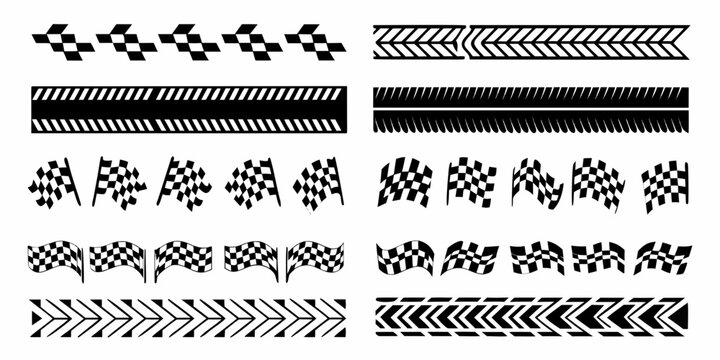 Checkered flag and racing stripe patterns on a white background