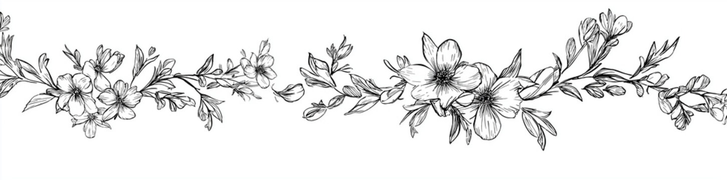 a line art drawing of an elegant Leaves garland with delicate blossoms and leaves, on a white background. the design is seamless, suitable for use as a border or pattern around text blocks. there is s
