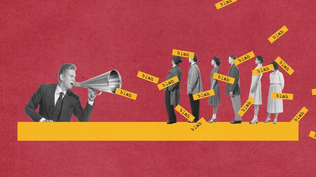 Megaphone propaganda stop motion with crowd and yellow speech labels on red background. Concept of political speech, public pressure, mass opinion, social influence, and media criticism.