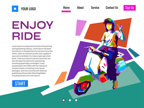 Vibrant web landing page template for classic vintage scooter website in WPAP pop art style, featuring colorful geometric vector illustrations of a rider.