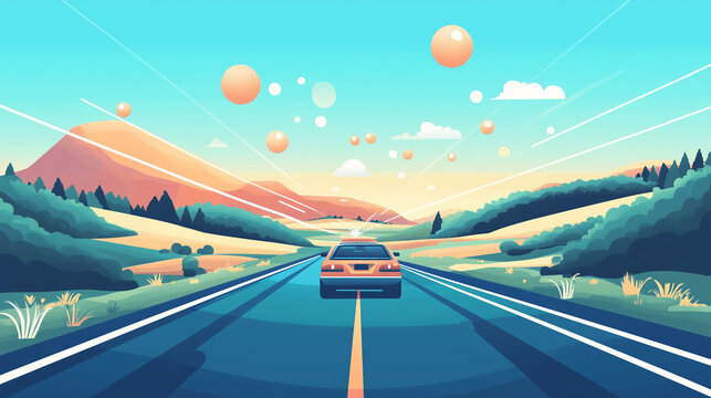 Car driving on a scenic highway during a colorful sunset with abstract elements