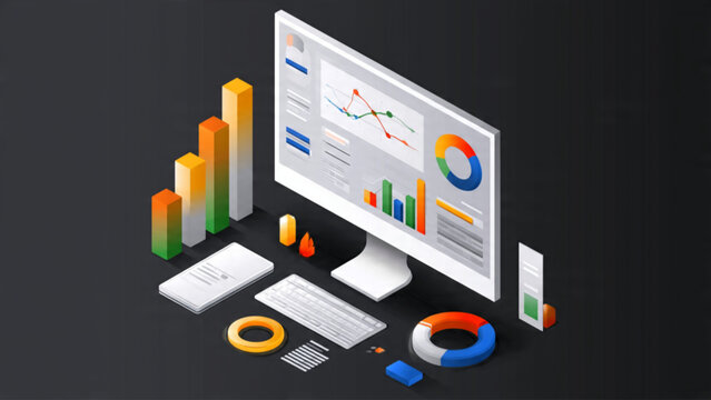 Business data analysis with computer monitor showing graphs and charts with colorful elements on dark background