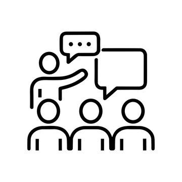 Presenting a concept to an audience, a group of people listening to a speaker, participating in a seminar, training, or educational session with speech bubble icons