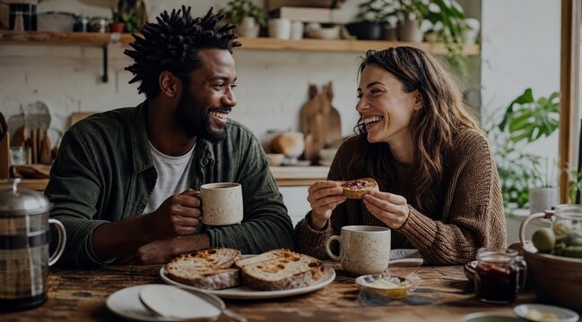 Diverse couple having breakfast at home
