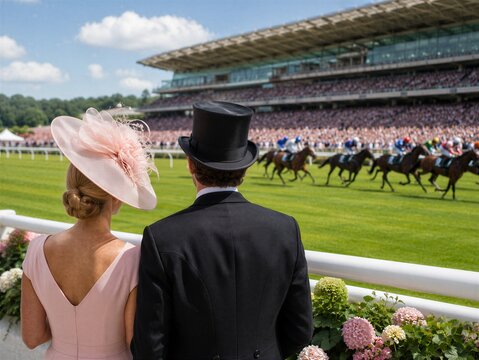 Woman in fascinator and man in top hat watching horse racing. Elegant couple observing competition at racetrack. Traditional luxury social event and equestrian sports spectator concept.