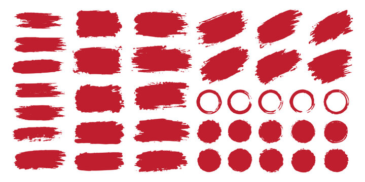 Black highlighter brush stroke lines set for underline banners, dry paint marker stripes, rough grunge ink smears and bold hand drawn highlight elements. Vector illustration. Set of red paint brush