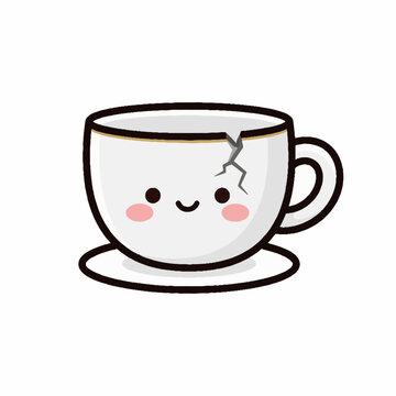 Cute kawaii cracked coffee cup character with happy face.
