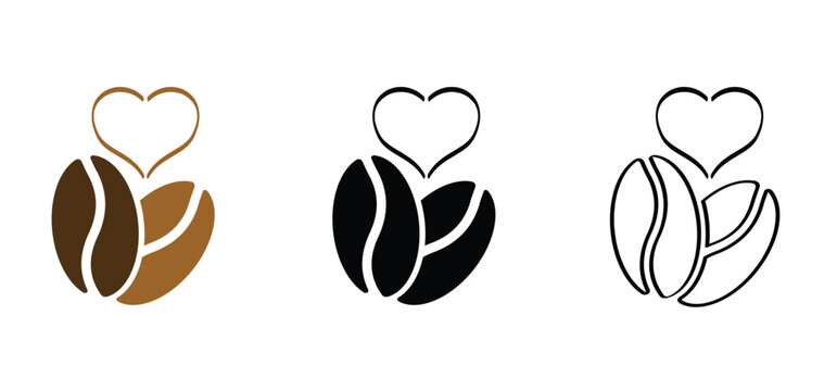 Roasted coffee beans and love heart icon. For mug or cup. Coffee percolator. Bean grind, size chart grains. Heart of coffee beans. Two overlapping dark coffee beans
