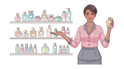 Perfume Store Clerk: A smiling clerk stands beside shelves stocked with various bottles of perfume, holding up a perfume bottle to showcase. © abidakhatun