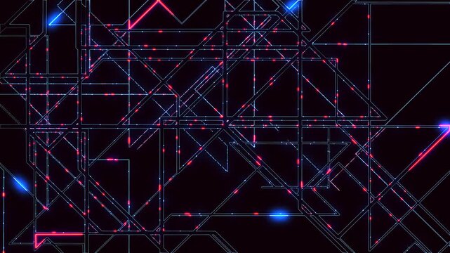 An abstract neon network reminiscent of a metropolitan transport hub, a subway, digital architecture, or a cybernetic map. An atmosphere of high technology and the movements of the modern cyberworld.