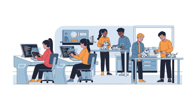 Coding Club Brilliance: Young students enthusiastically engage in a coding club, programming robots and learning in a modern, well-equipped classroom, fostering STEM education and collaboration.
