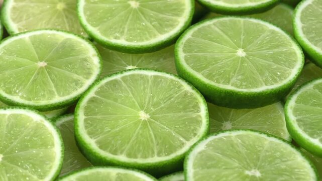Close-up of numerous lime slices overlapping each other