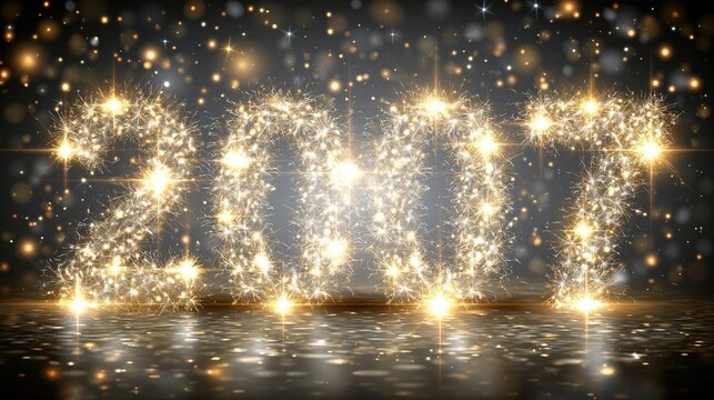 Golden sparkling fireworks shaped into number 2007 glowing on dark background with water reflection for happy new year celebration