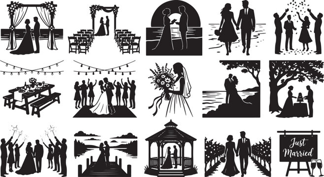 Wedding ceremony and bride groom silhouette vector collection