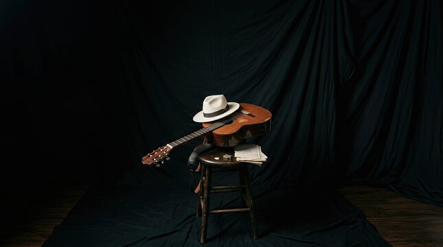 Classical Acoustic Guitar with Panama Hat on Wooden Stool