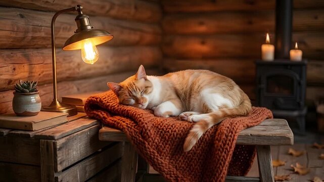 Cozy Sleeping Ginger Cat in Warm Wooden Cabin with Candle Light