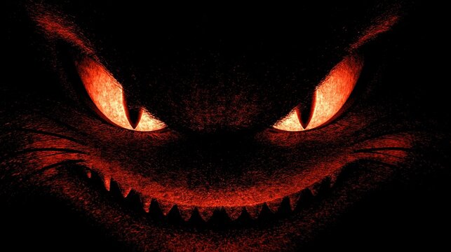 Scary glowing red monster face with sharp fangs and glowing eyes on solid black background for creepy spooky halloween holiday design projects