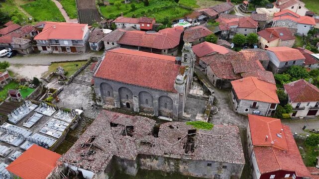 Drone circling the historic church of Santa Marina de Augas Santas in Allariz