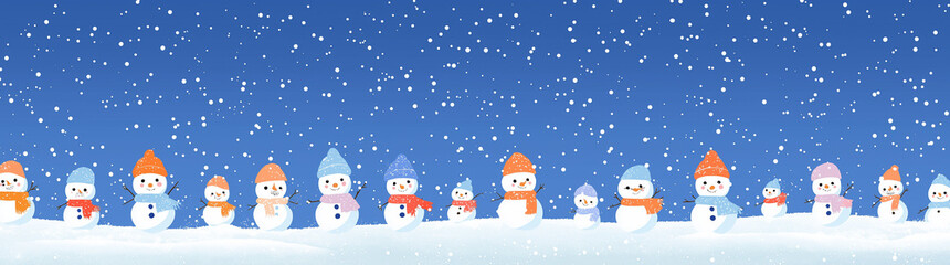 Fototapeta premium a group of snowmen with different hats and scarves, standing in the falling snow on a snowy background. the sky is blue with soft light, creating an atmosphere full of joy for christmas and new year's