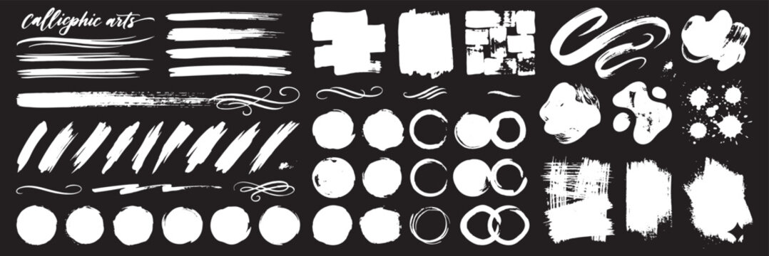 Black ink brush strokes set with various grunge shapes and lines isolated on white for artistic design elements. Brush paint stroke line set. Straight and wavy black vector stripes. Dry touch texture 
