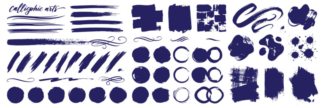 Black ink brush strokes set with various grunge shapes and lines isolated on white for artistic design elements. Brush paint stroke line set. Straight and wavy black vector stripes. Dry touch texture 